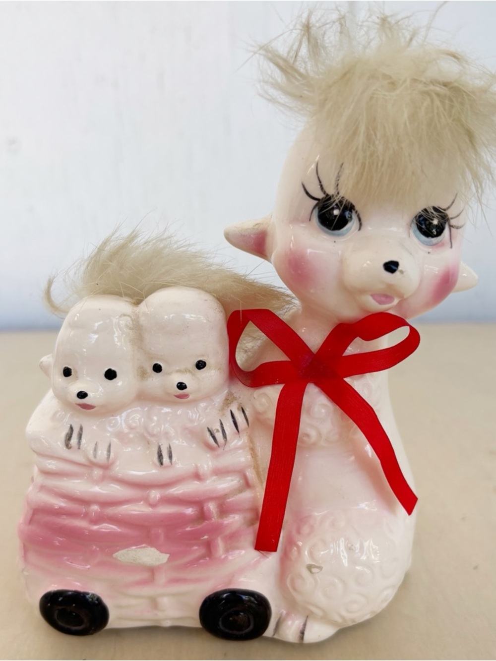 Vintage Poodle Puppy Dog Coin Bank With Fur Kitsch